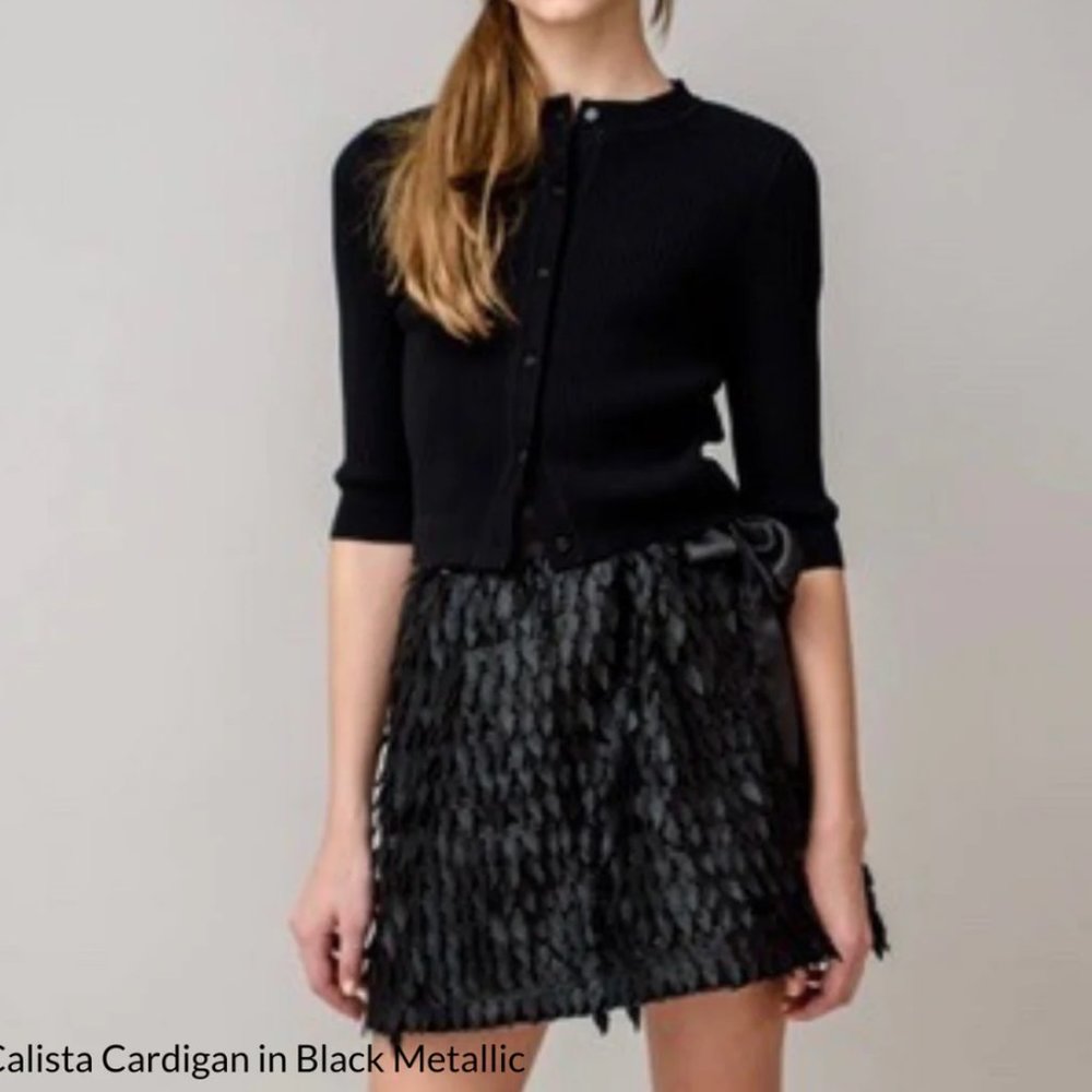 Stretchy 3/4 Sleeved Ribbed Cardigan with Crew Neck in Black Metallic Sparkle